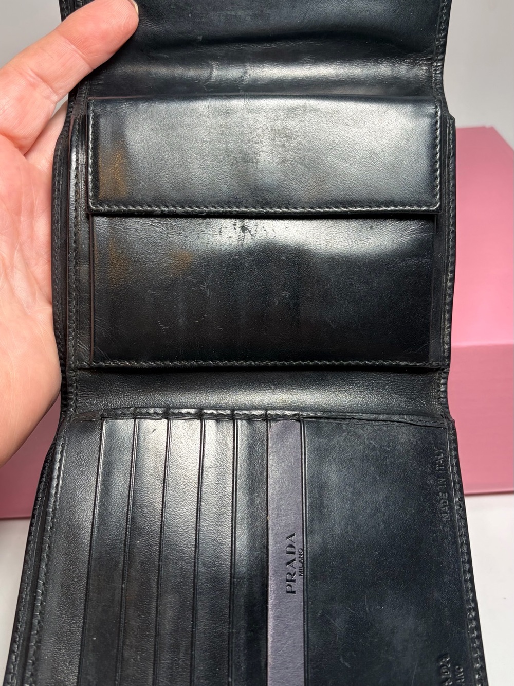 Prada Black Leather Compact Wallet with Silver Name Plate - Picture 7 of 12